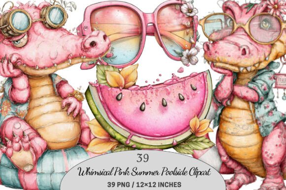 Download Whimsical Pink Summer Poolside Clipart. - Clipart Collection