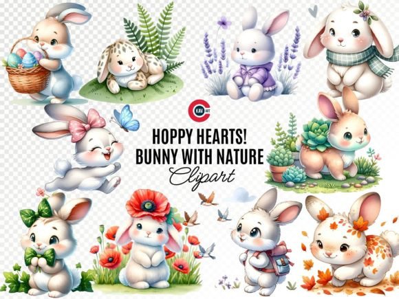 Download Cute Playful Bunny with Nature Cliparts - Clipart Collection
