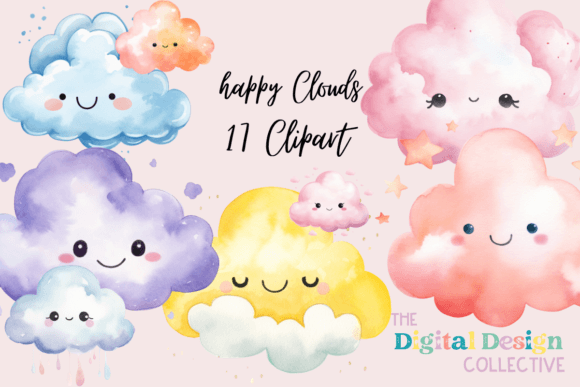 Download Watercolor Happy Clouds Clipart Bundle - Clipart Collection