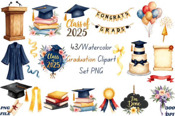 Download Watercolor Graduation Clipart Set PNG - Clipart Collection