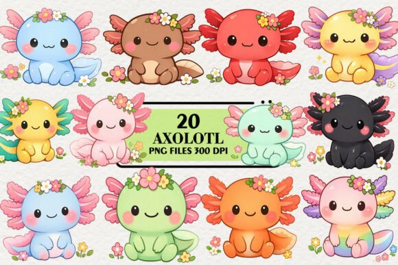Download Kawaii Axolotl Floral Clipart Bundle - Clipart Collection