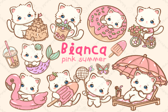 Download Kawaii White Cat Pink Summer Clipart - Clipart Collection