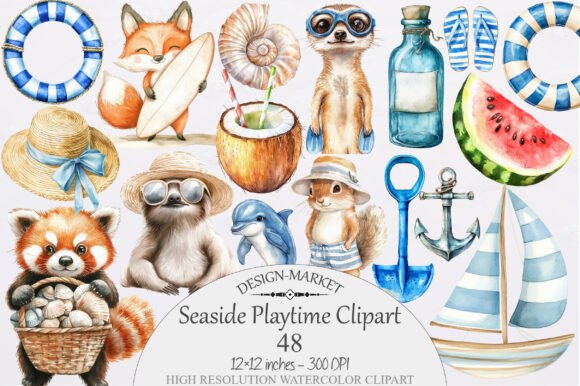 Download Watercolor Seaside Playtime Clipart - Clipart Collection